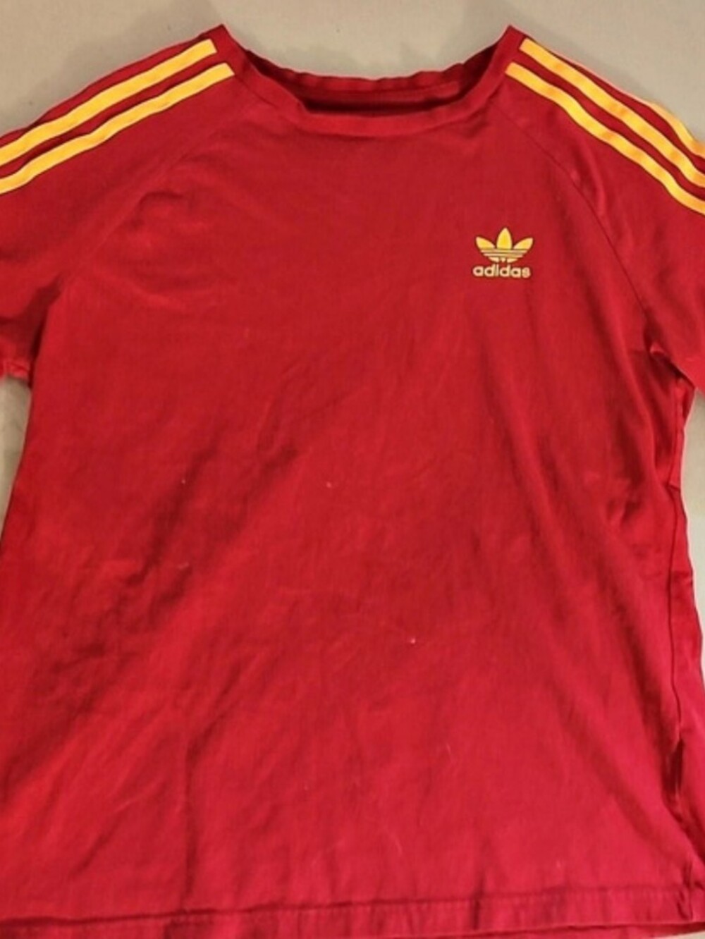 adidas Red & Yellow 3 Stripes Tee . Size Large